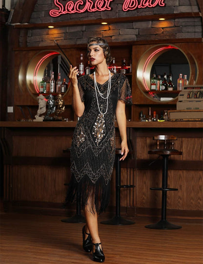 Women'S 1920S Dress Sequin Art Deco Flapper Dress with Sleeve